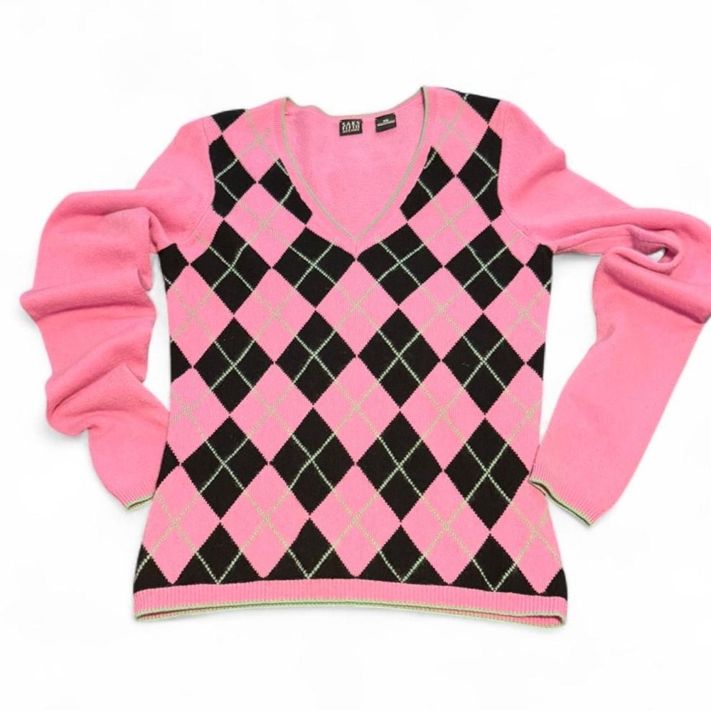 Saks Fifth Avenue Pink Argyle Cashmere Sweater XS Y2K Preppy